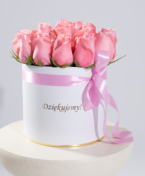 Różowe róże w dużym białym boxie Dziękujemy - kwiaty w pudełkach